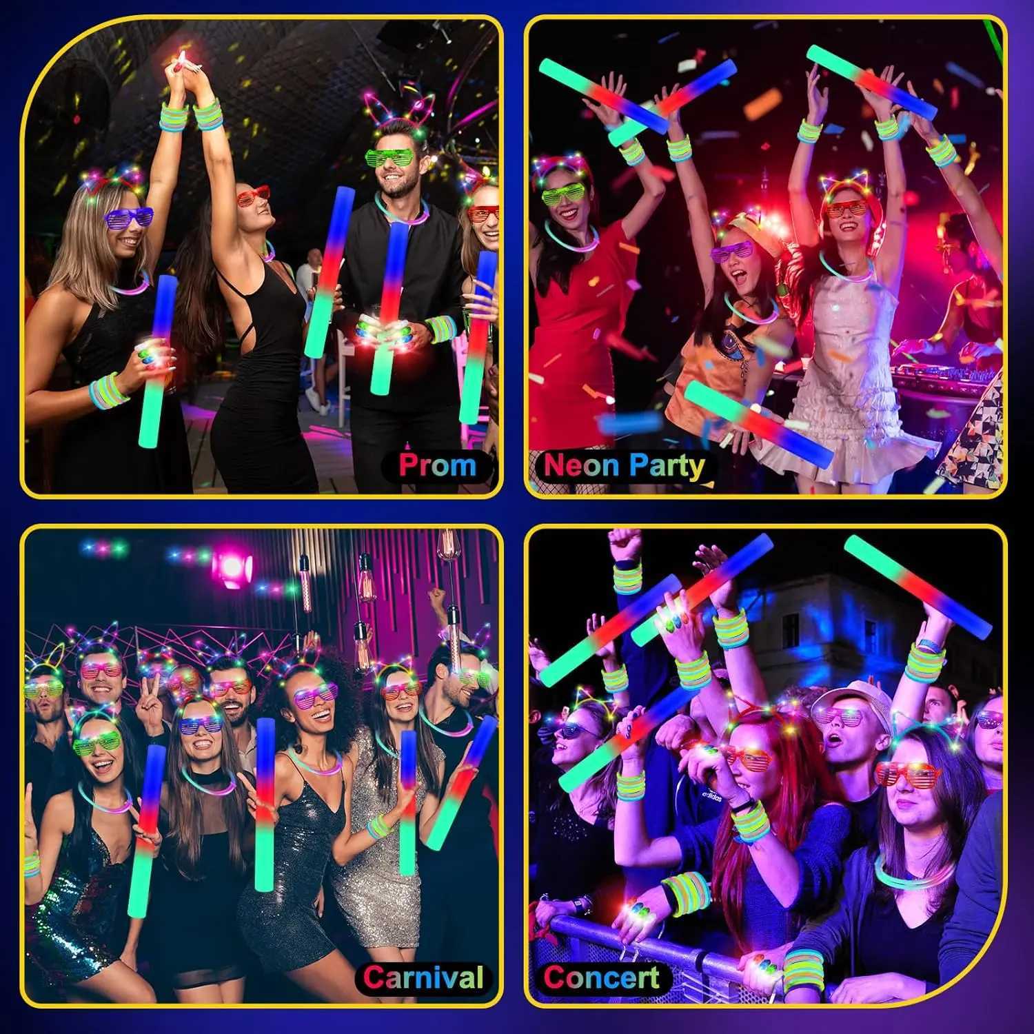 282 Pcs Neon Party Supplies 18 Foam Sticks 18 LED Glasses 200 Glow Sticks 30 Finger Lights 8 Bunny 8 Cat Ear Headbands W250528