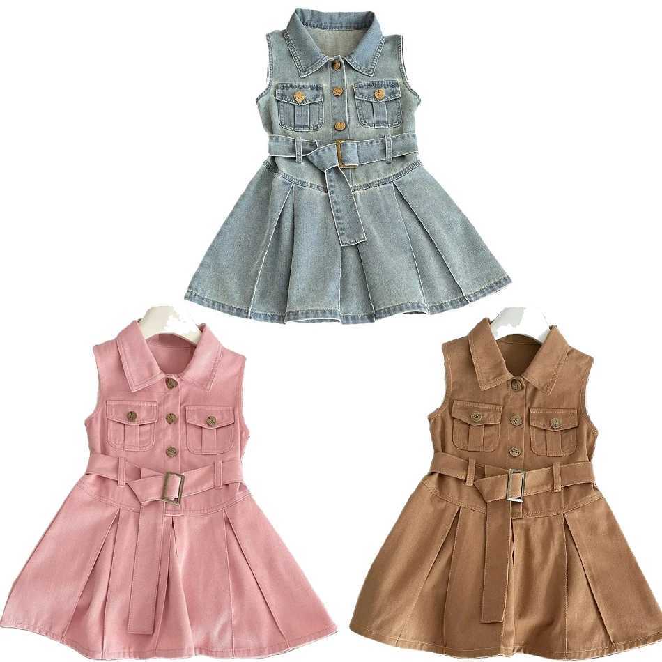 2025 Summer New Girls Denim Dress Belt Decoration Lapel Collar Sleeveless Tutu Princess Dress For 2 -10 Years Kids Fashion Dress X250528