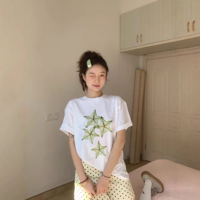 Carambola Printing White Short Sleeve Tshirt Women Summer Korean Style Commuting Tops Lady Versatile Loose Leisure 250517