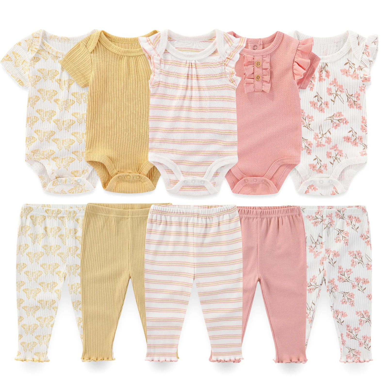 born Unisex BodysuitsPants 6910Pieces Cotton Baby Girl Clothes Sets Sleeveless Cartoon Boy Print Bebes 250528