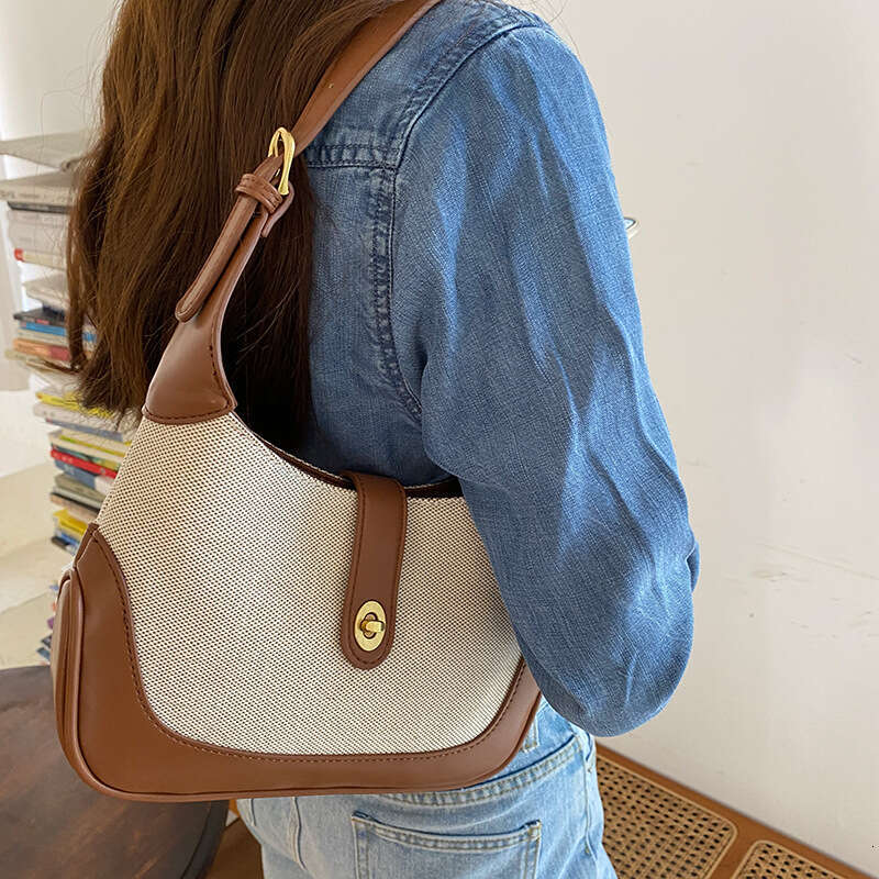 2024 New Canvas Shoulder Bag for Women, Crescent Underarm Bag, Niche Ins Style, Patchwork Color Block Handbag