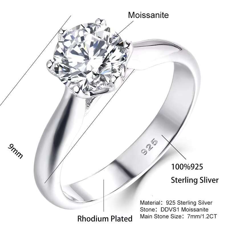 New 6 Claws Classic Design Large Simulated Diamond Platinum 1.2Ct Moissanite Wedding Rings for Women Wedding Jewelry