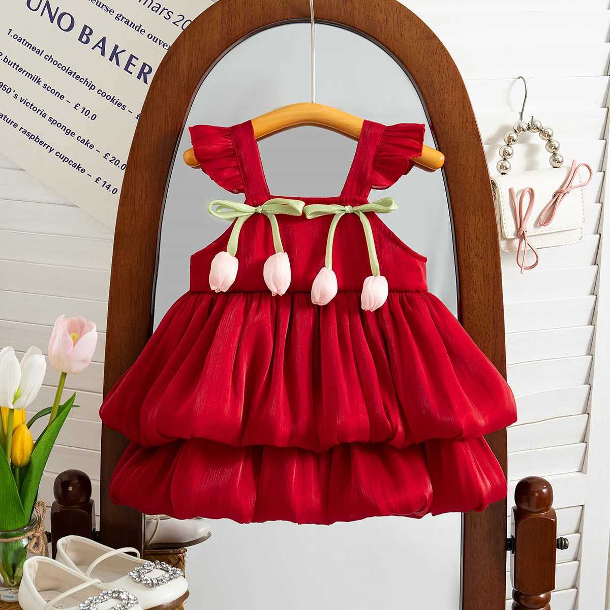 Summer New Style Two Tulip Suspender Flower Bud Skirt For Girls Aged 0-3 Double Layered Flying Sleeve Solid Color Dress X250528
