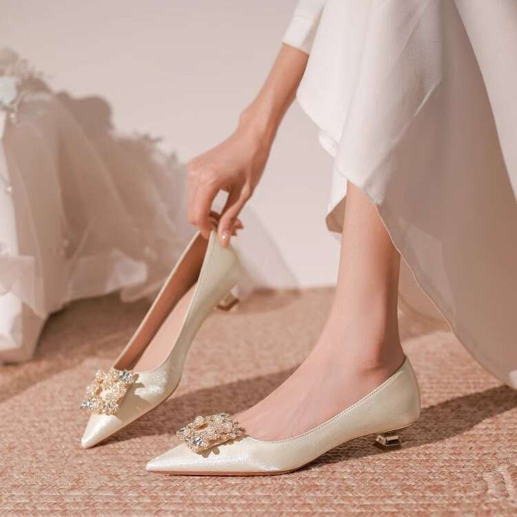 French Style Elegant Socialite Pointed Toe Low Heel for Women Bridesmaid Dress Comfortable Wedding Shoes