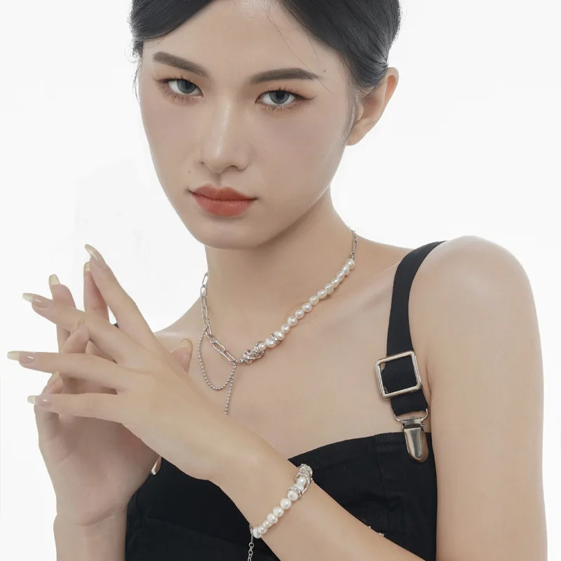 F.I.N.S Asymmetrical Chain S925 Sterling Silver Irregular Freshwater Pearl Link Chain Clavicle Necklace Statement Fine Jewelry 250520