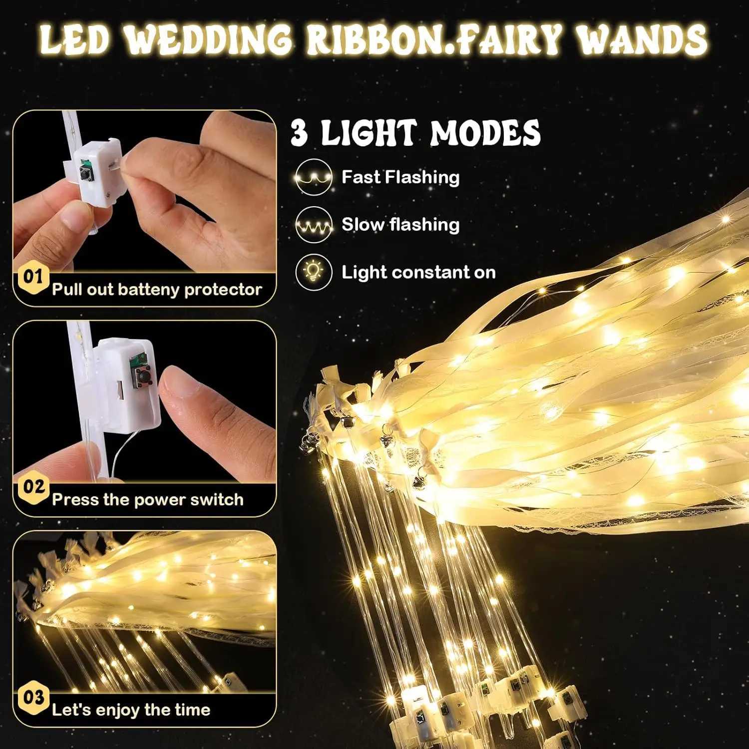 20-60PCS Light Up Wedding Sparklers LED Wedding Wands Streamers Silk Fairy Wands with Bells for Birthday Concert New Year Raves W250528