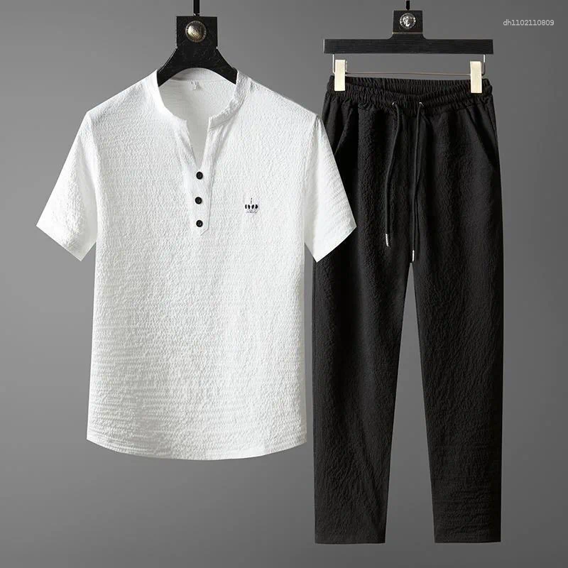 Men's Tracksuits Thin Casual Sports Suit For Men In Summer Chinese Style High-end V-neck Embroidered Slim Short-sleeved Two-piece Set