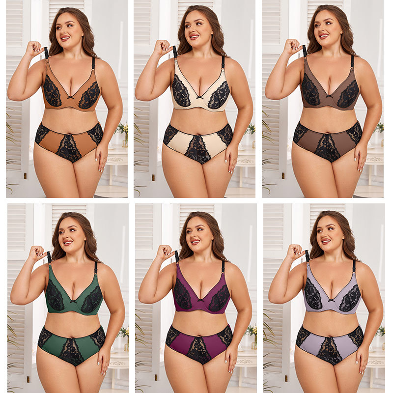 Gexifang E Cup Full Coverage Bra with Semi-Transparent Lace - Large Size Womens Underwear Set
