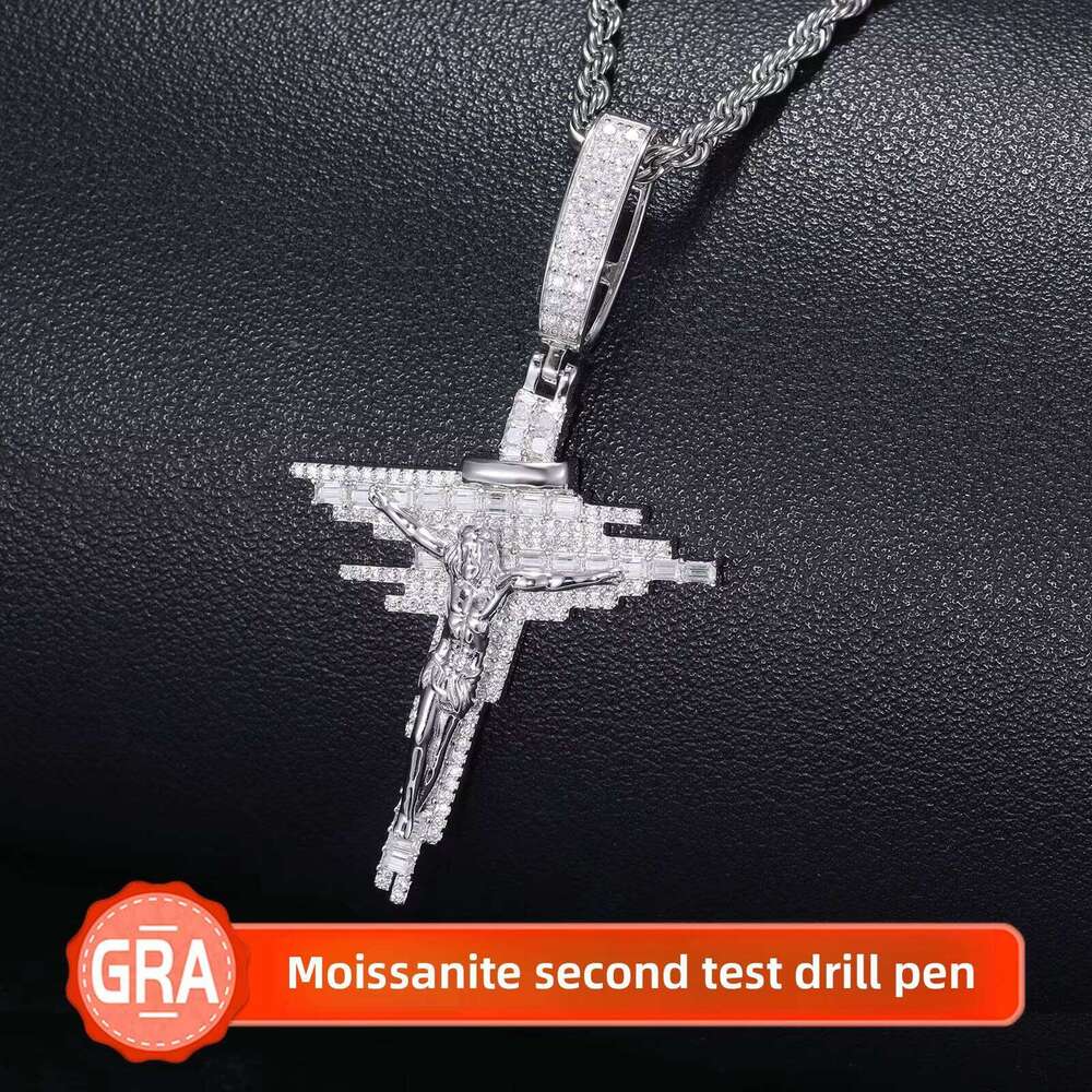 European American Hip-Hop S Sier Moissanite Cross Pendant Mixed Square Dia Trendy Accessory Necklace in Stock