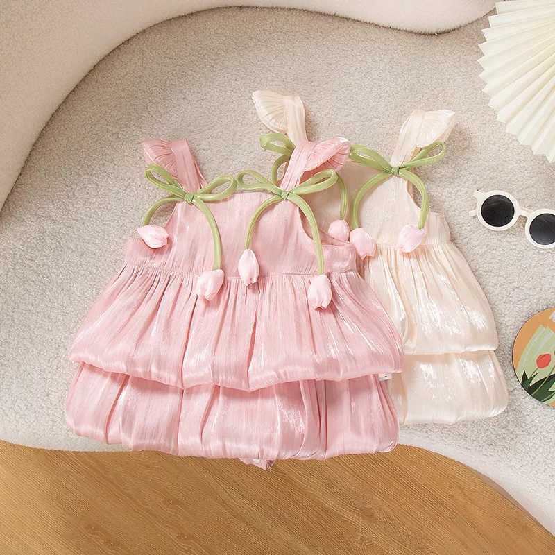 2025 Summer New Baby Girls Clothes Tulip Decorated Cake-Layered Soft Shiny Fabric Romper Onesie Crawler X250528