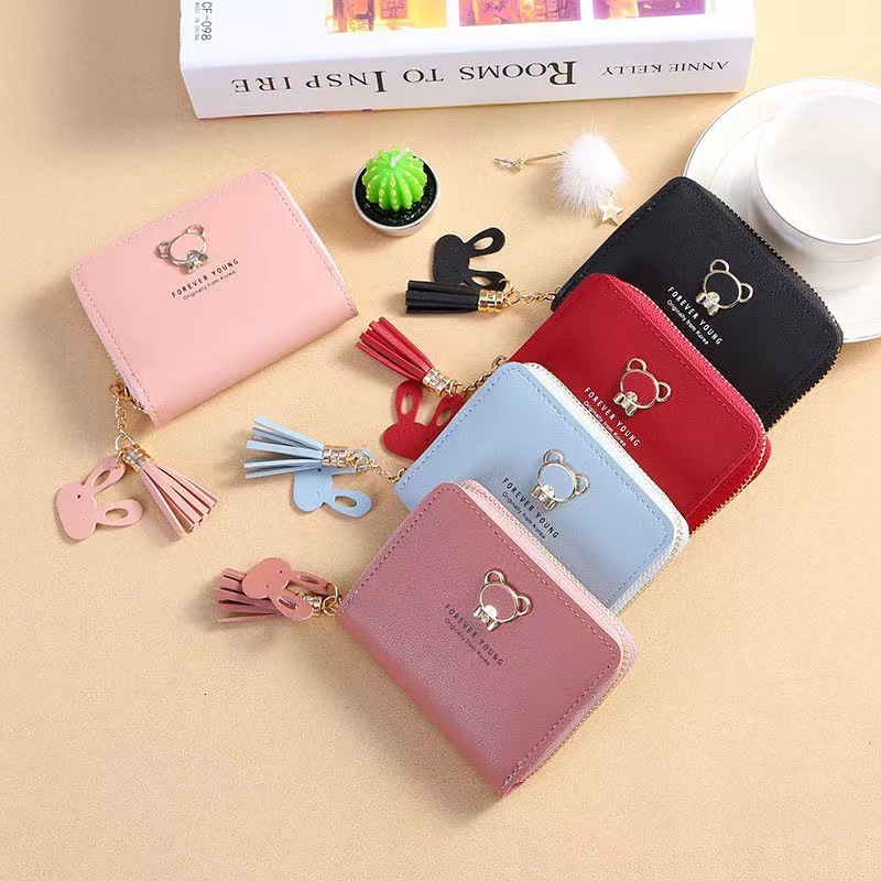 Free Shipping Designer Wallet New Women's Wallet Short Cartoon Cute Bear Tassel Student Coin Purse Zipper Bag