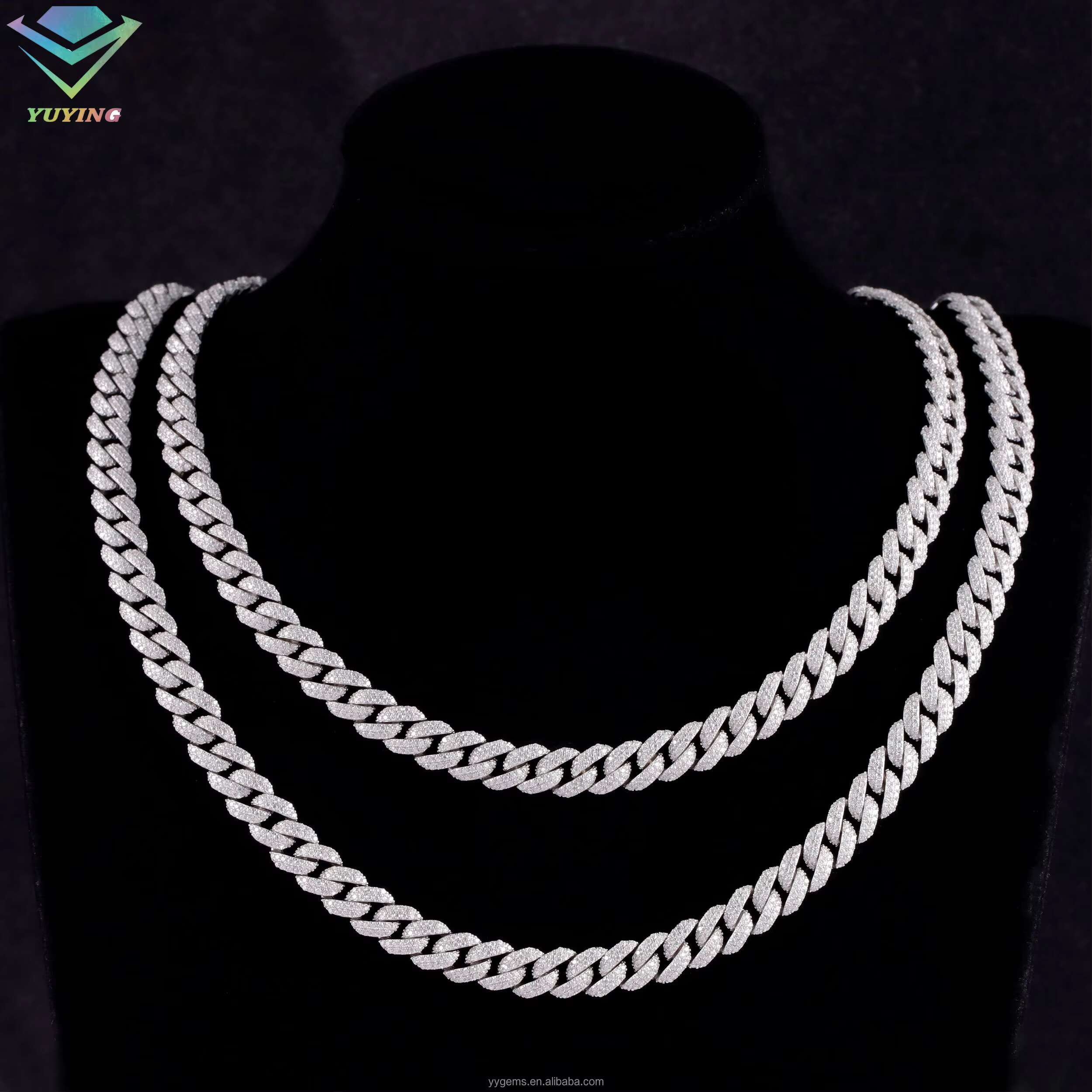 Best Selling Full Ice Out Mossanite Cuban Chain 2rows 9mm 925 Solid Silver Chain Men Necklace VVS Moissanite Cuban Link Chain