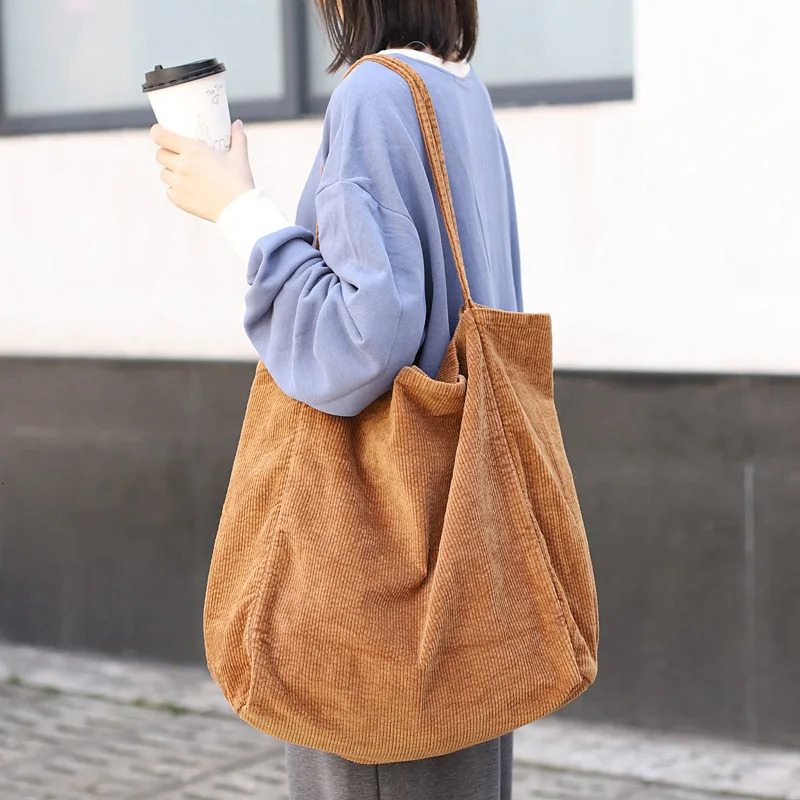 Women Vintage Corduroy Shoulder Bag Large Capacity Female Big Tote Handbag Folding Reusable Shopping Bags Fashion Cloth Purse 250526