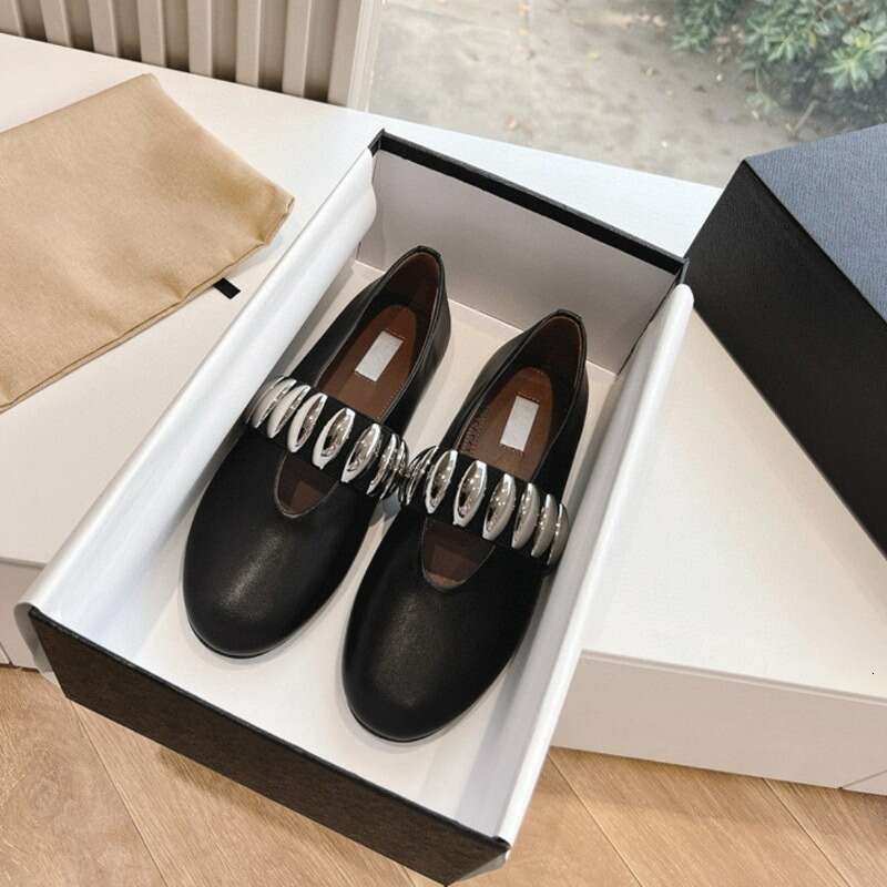 Sheepskin Version ~ Metal Buckle Elastic Band Flat Ballet for Women Summer Silver Genuine Leather Slip-On Mary Jane Shoes