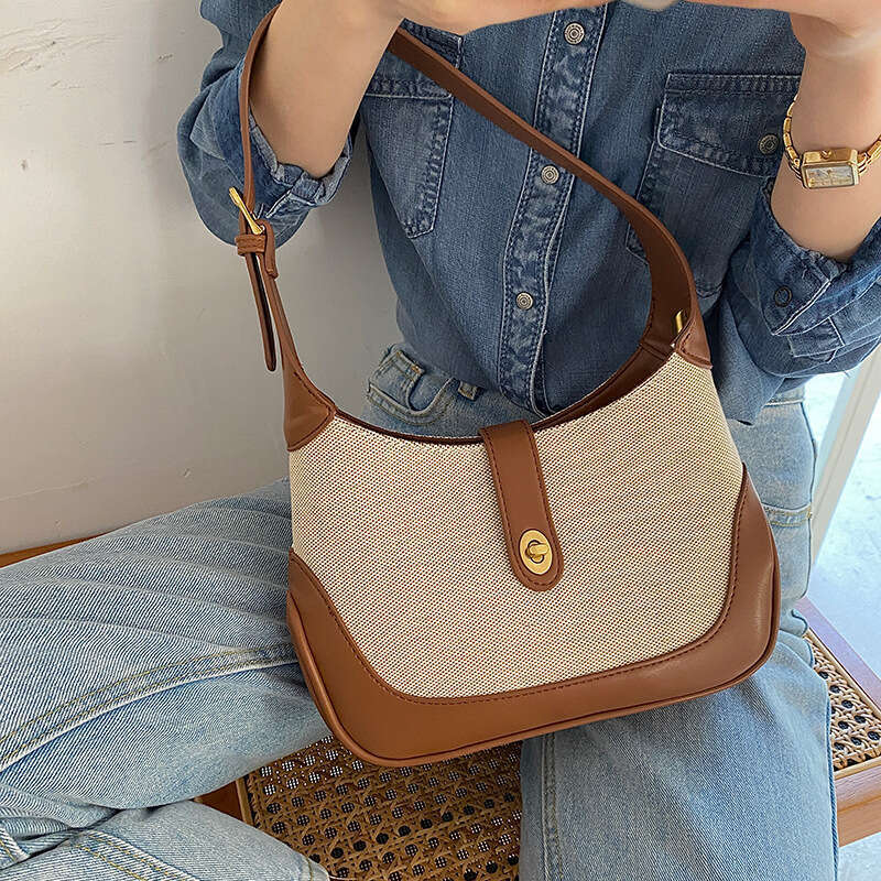 2024 New Canvas Shoulder Bag for Women, Crescent Underarm Bag, Niche Ins Style, Patchwork Color Block Handbag