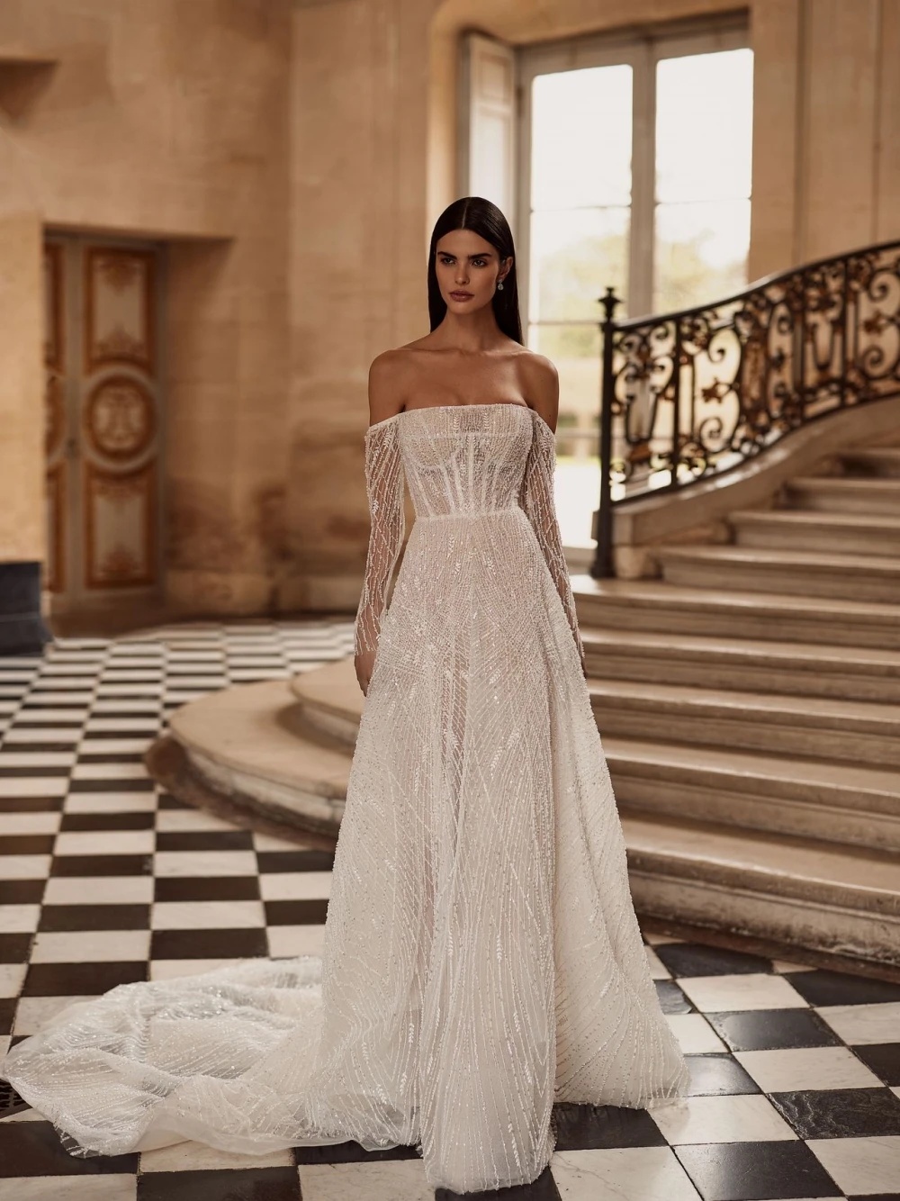 Elegant Wedding Dress For Women Off Shoulder Long Sleeves Bridal Gown Sequins Beaded Sweep Train Dresses Custom Made vestidos de novia