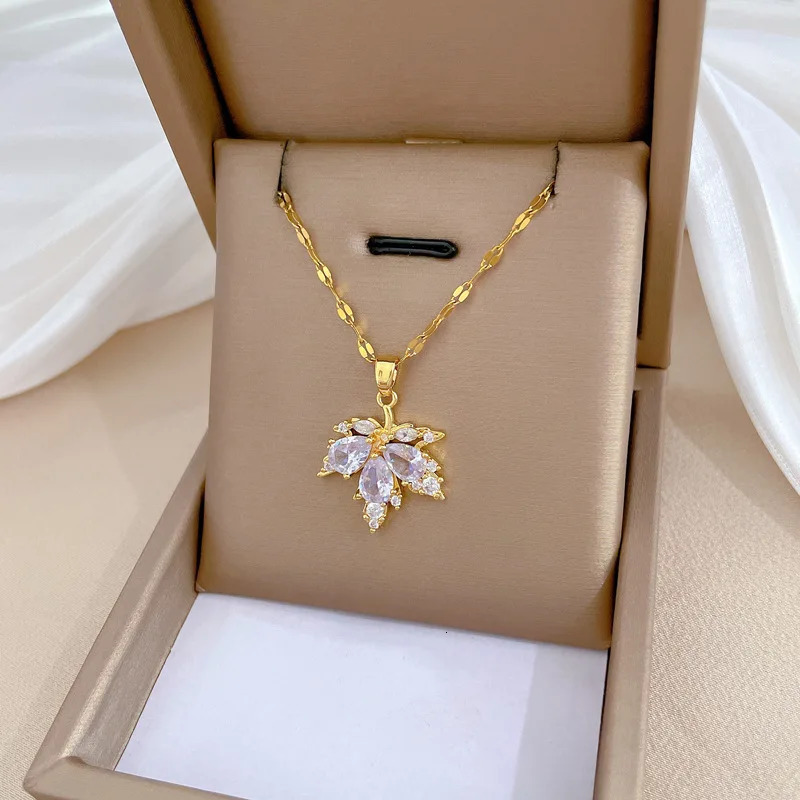 Yupsk Elegant Zirconia Maple Leaf Pendant Necklace for Women Fashion Stainless Steel Chain Earring Necklace Jewelry Gift 250527