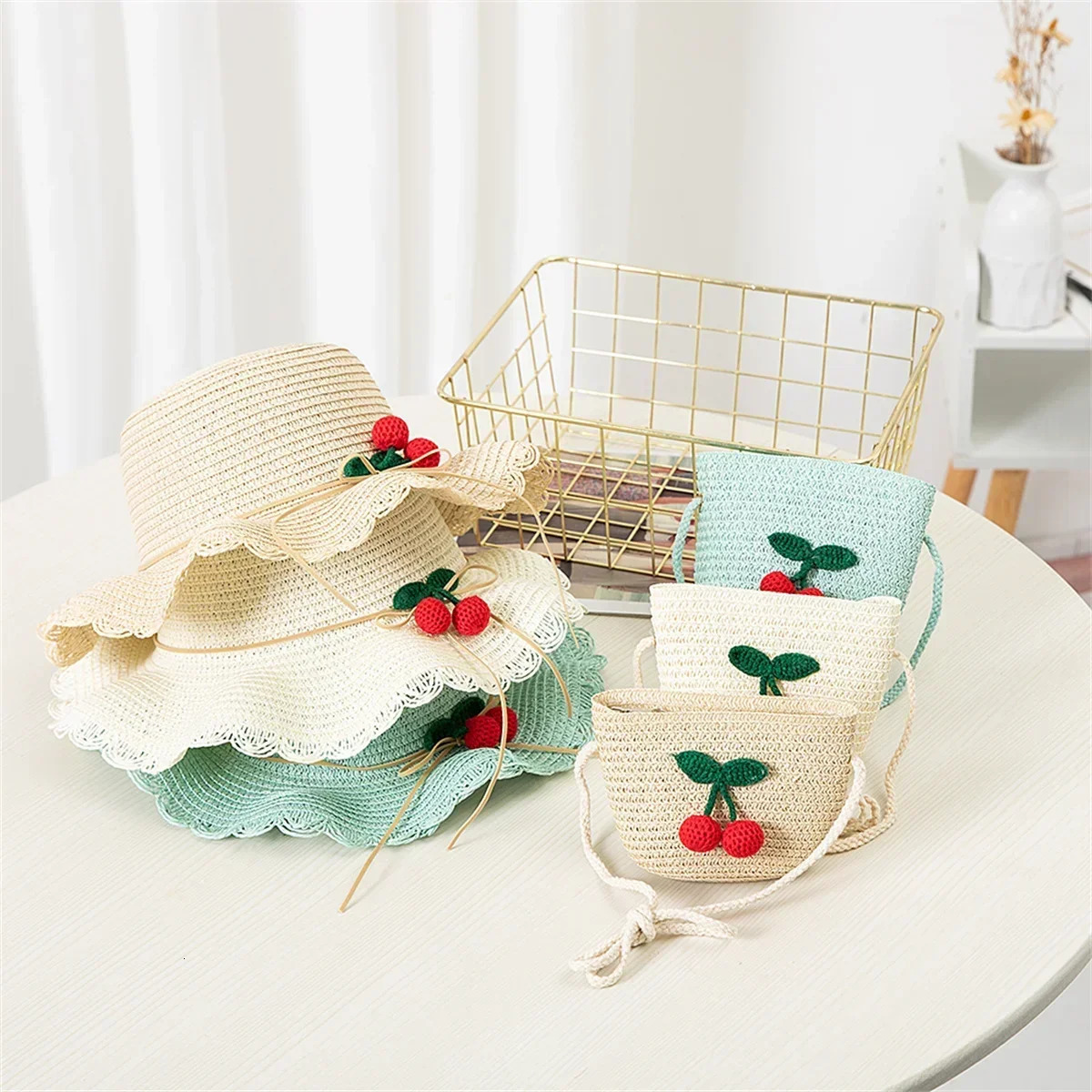 Girl Straw Hat Cherry Fisherman Hat And Bag Set 1 set Hat and bag Childrens Sun Protection Princess Beach Sun Hat Baby 250527