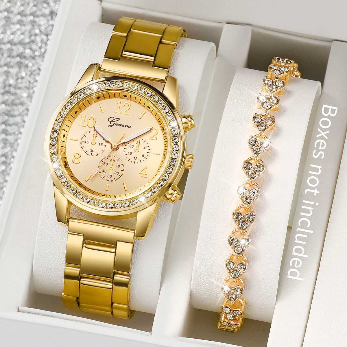 Fashion Women Stainless Steel Gold Color Quartz Watch Diamond Bracelet XJ250527