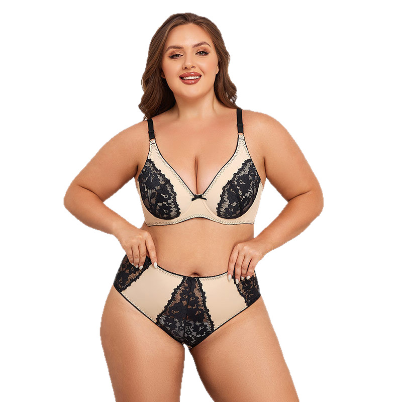 Gexifang E Cup Full Coverage Bra with Semi-Transparent Lace - Large Size Womens Underwear Set