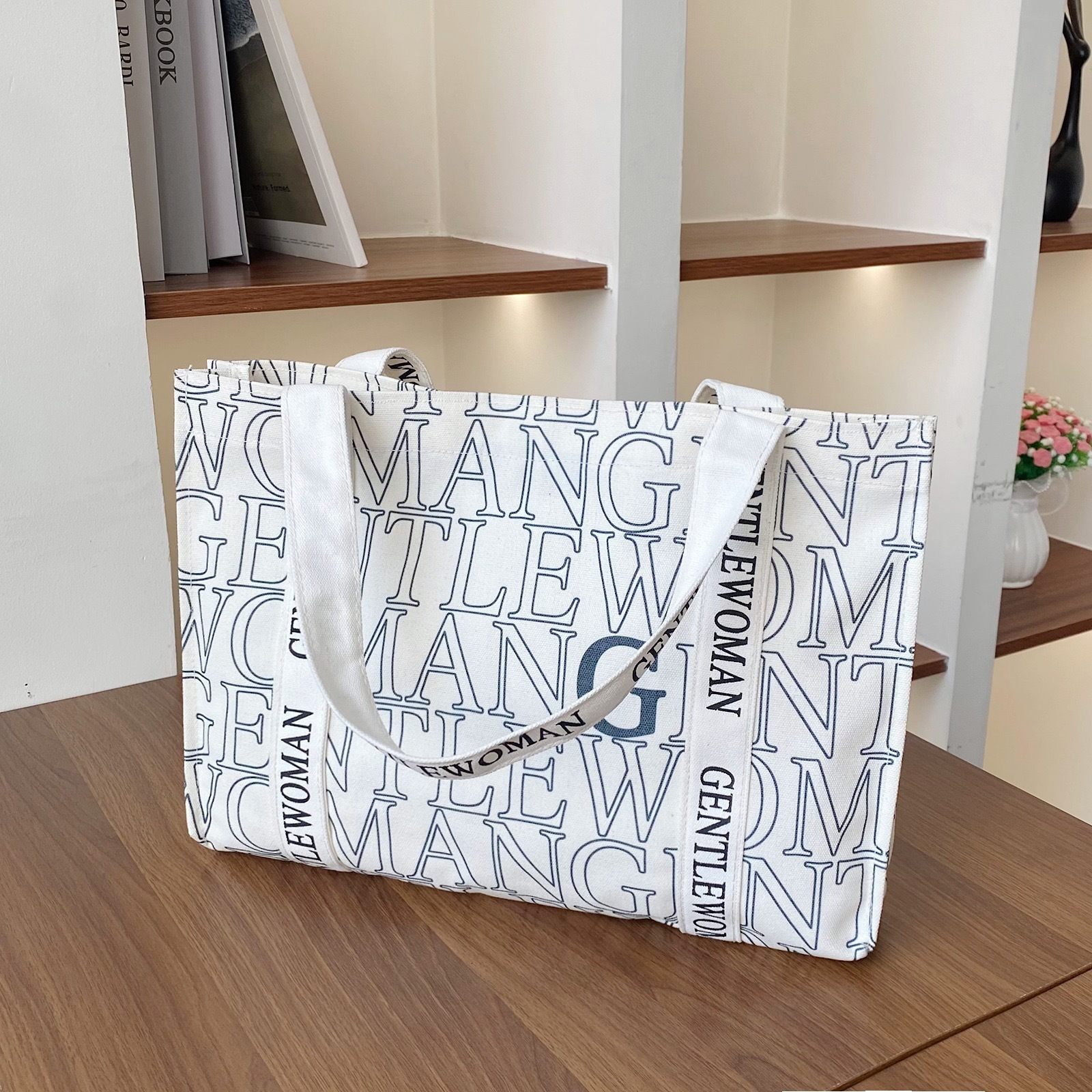 Luxury Brand Designer Bag Korean Version Letter Tote With Large Capacity, Simple And Durable Canvas Shoulder Handbag, Shopping Bag, White-Collar Commu