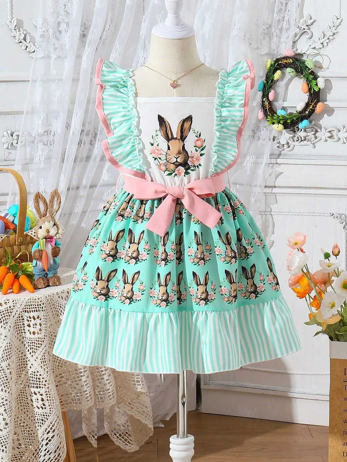 Girls Vintage Lolita Easter Dress - Bunny Print Ruffles Bow Pastel Green Comfy Party Dress for Celebrations X250528
