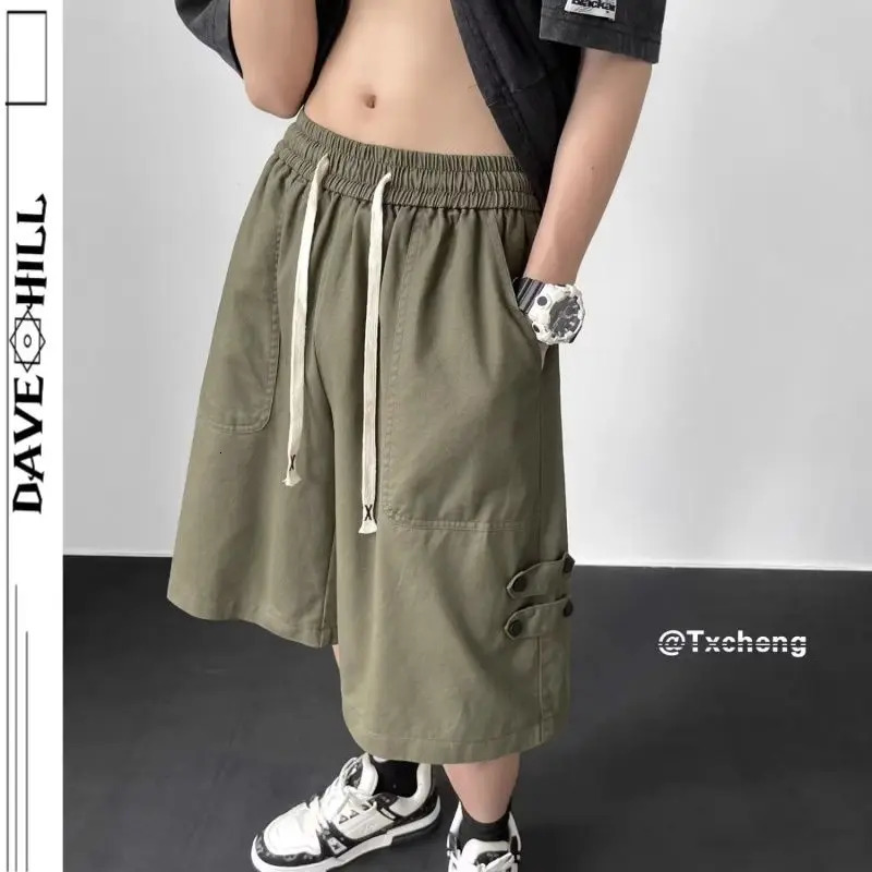 Pure Cotton Tool Shorts Men Summer Japanese Five-point Loose Casual Wide-leg Over-knee Mid-trouser Pants 250527
