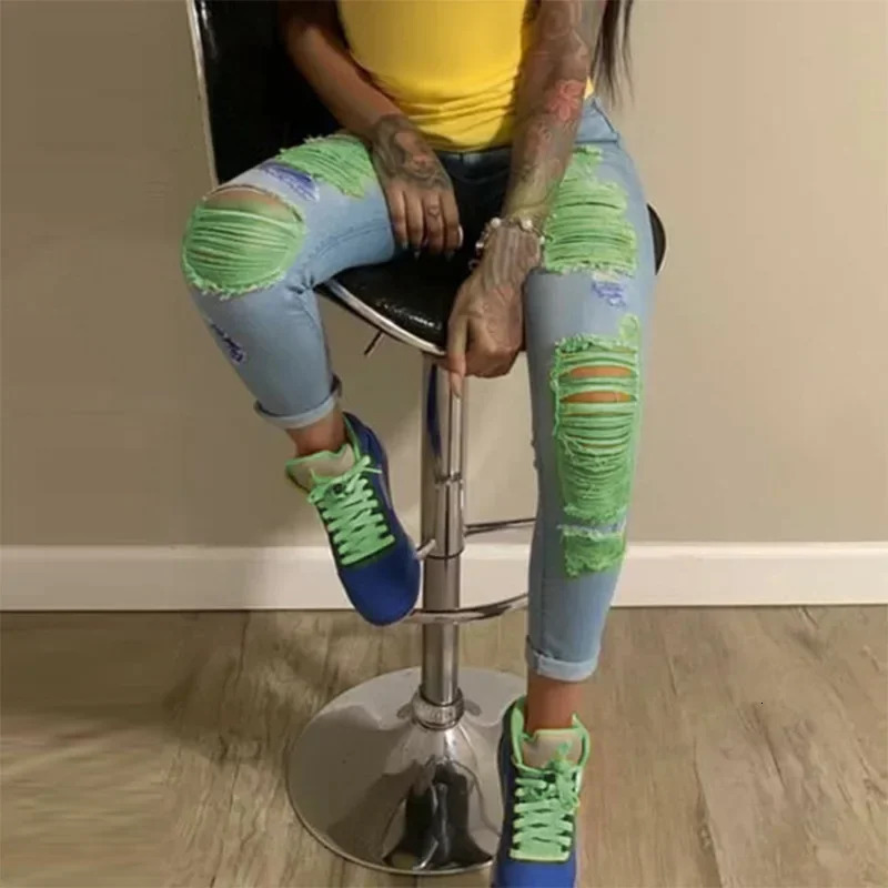 2025 Ripped Jeans For Women Yellow Scratch Denim Pencil Pants High Waisted Stretch Skinny Hollow Out Sexy Female Mujer 250521