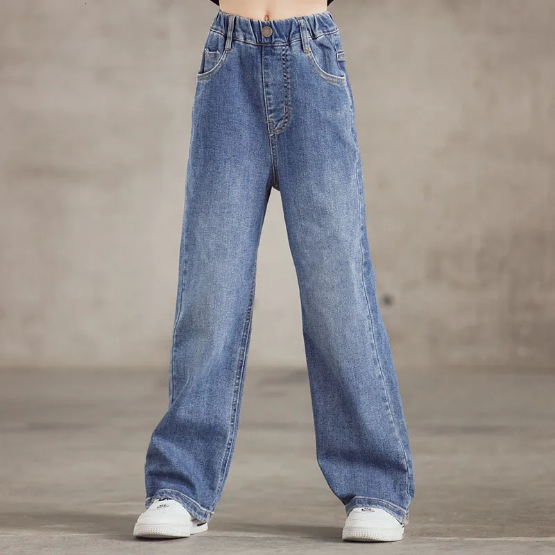 Spring Kids Jeans 39Y Cute Girls Solid Color Loose Wide Leg Pants Childrens Outwear Denim Trousers 250528