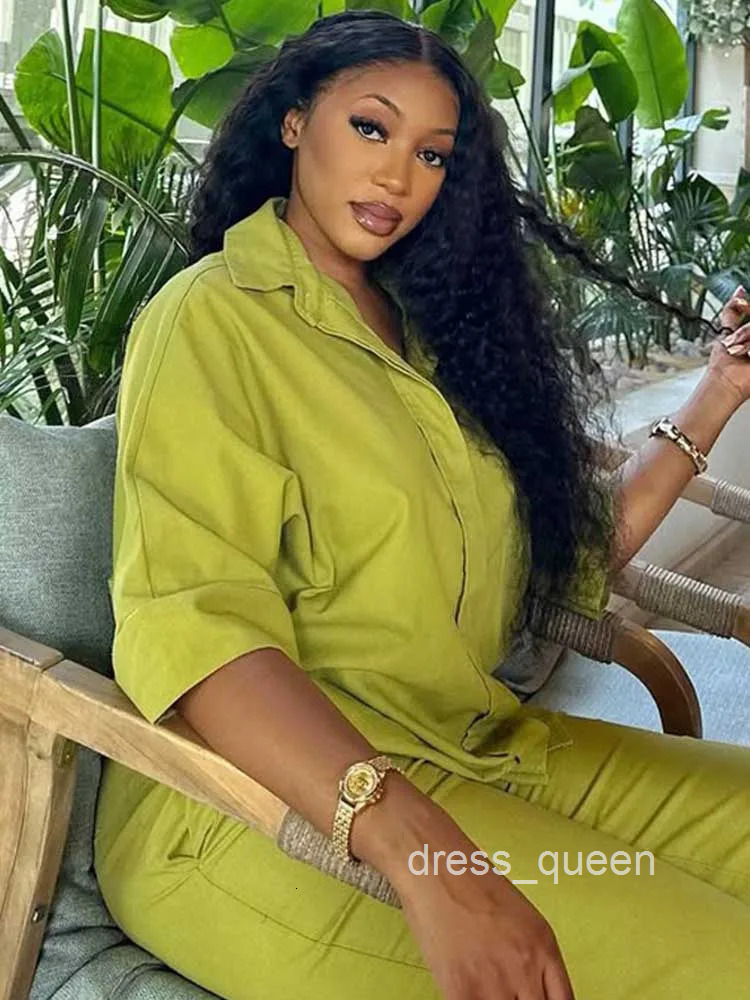 Green 2 Piece Sets Woman Outfit Summer Loose Straight Pants and Shirt Suit for Lady Dressy Casual Outfit Wholesale Dropshipping