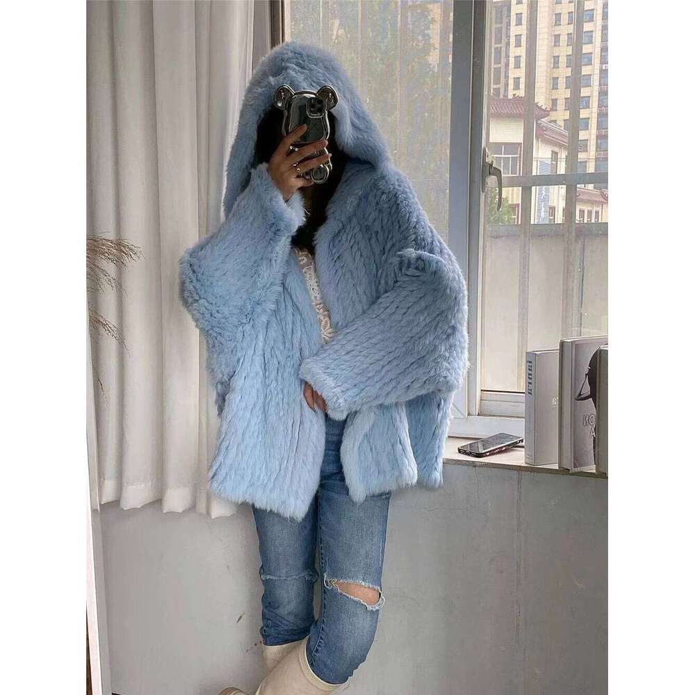 Genuine Rabbit Coat for Women Long Knitted Jacket Real Fur Fashionable Outerwear 70cm Length Autumn and Winter