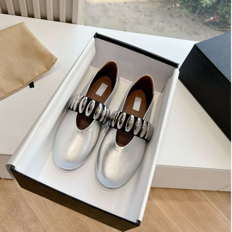 Sheepskin Version ~ Metal Buckle Elastic Band Flat Ballet for Women Summer Silver Genuine Leather Slip-On Mary Jane Shoes