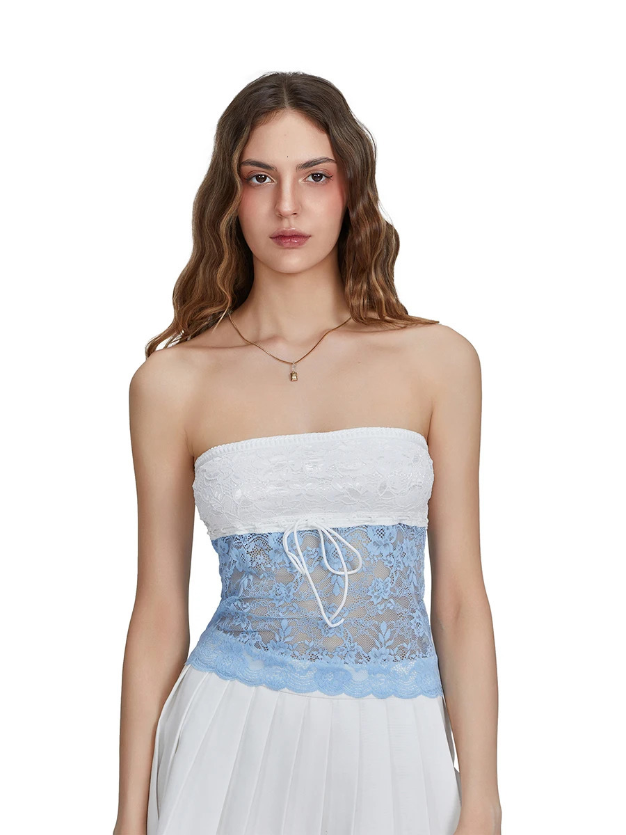 Women s Lace Tube Tops Fit Off Shoulder Backless Sleeveless See Through Lace Flower Crop Tops Shirts for Summer 250523