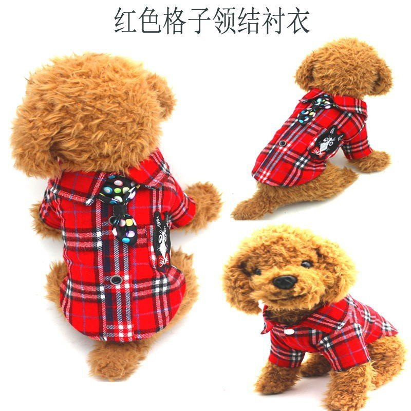 Pet clothing, checkered bow tie shirt, fashionable trend