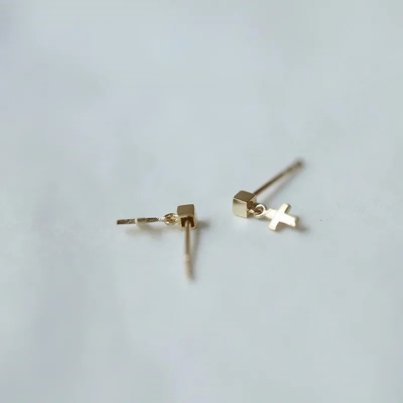 925 Sterling Silver Plated 14K Gold Mini Cross Stud Earrings for Women Korea Temperament Versatile Jewelry 250527
