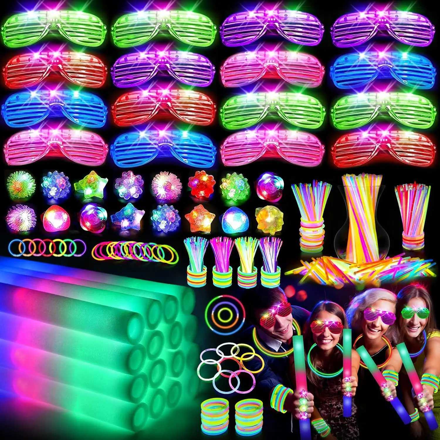150 Pcs Neon Party Supplies 16 Foam Sticks 16 LED Glasses 100 Glow Sticks 18 Finger Lights for Birthdays Weddings Concerts W250528