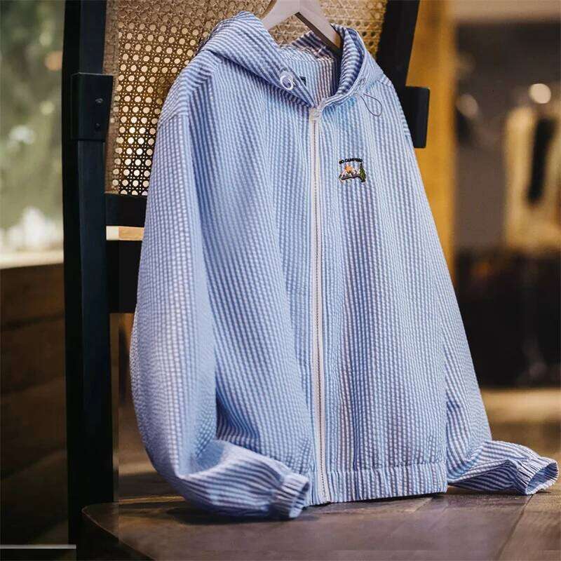 Maden Casual Blue White Striped Hooded Shirt Women's Spring Seersucker Vacation Style Blouse Lightweight Layering Beach Shirts
