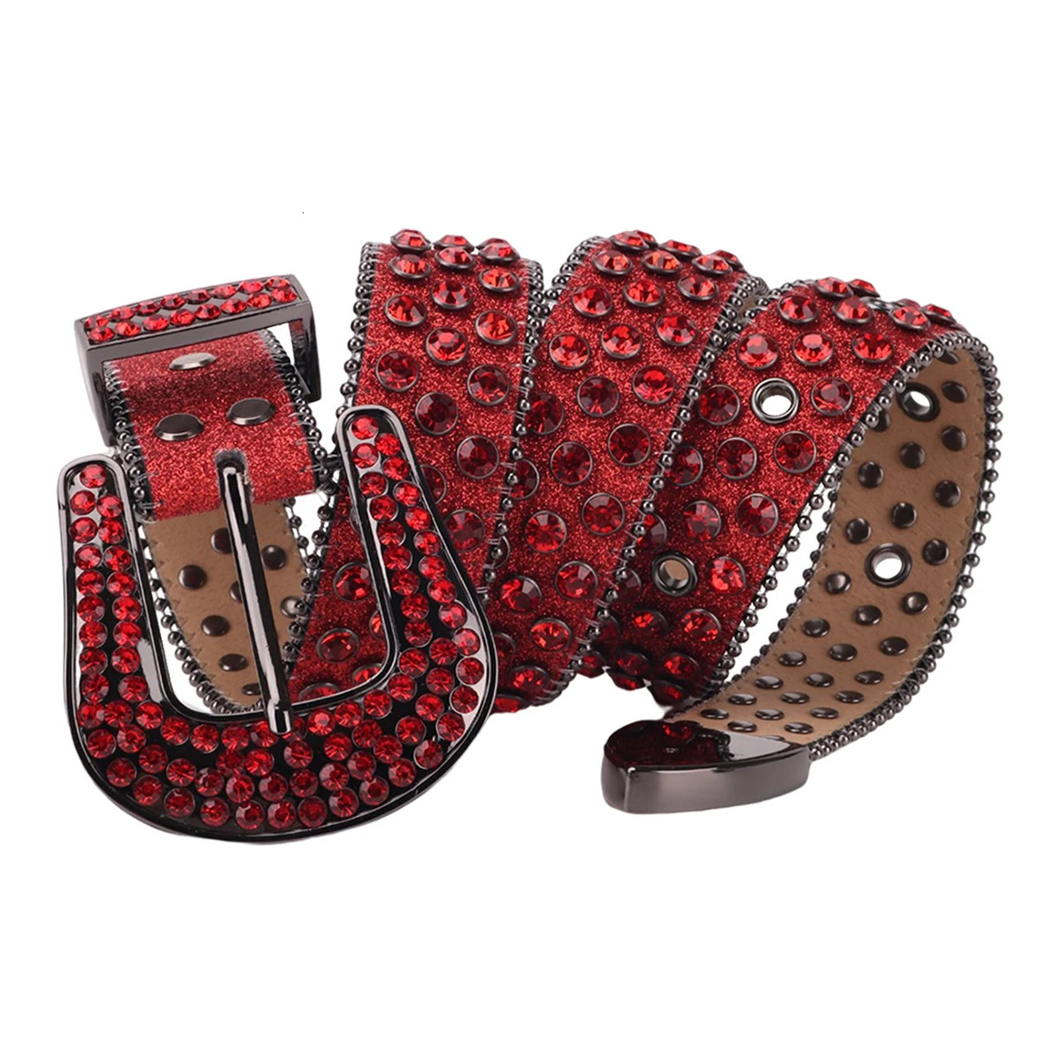 Mens Womens Fashion Sparkle Red Rhinestone Belt Strap Western Cowboy Cowgirl Bling Crystal Studded Belt for Jeans Dress 250523