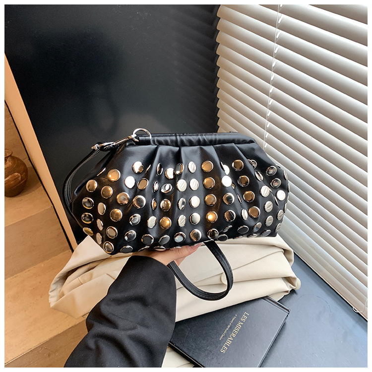 New Women's Bag New Fashionable Shoulder Commuter Underarm Bag Handbag Round Rivet Personalized Trendy Designer Wrinkled Cross Shoulder Bag Singl