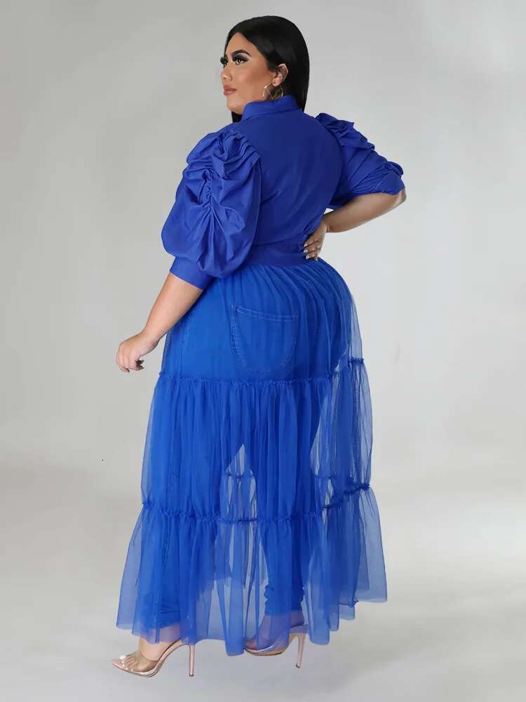 Plus Size Dresses Sexy Mesh Patchwork Puff Sleeve Club Outfit Elegant Bandage Long New Maxi Dress Wholesale Dropshipping