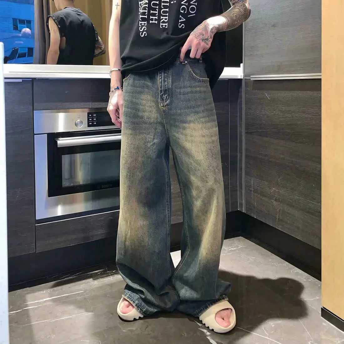 New Men Vintage Wash Jeans Male Fashion Baggy Straight Wide Leg Casual Denim Trousers Popular Brand High Strt Long PantsC250528