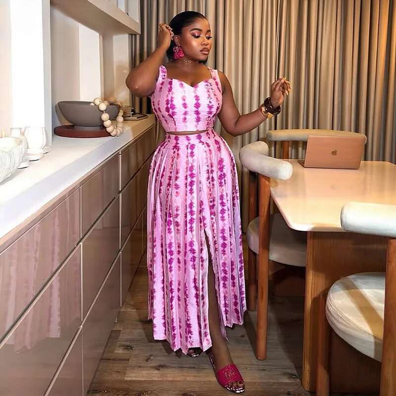 Women's Dress Print Sleeveless Strap Crop Tops And Pleated Skirts Suit Elegant Party Beach Two 2 Piece Set Outfits