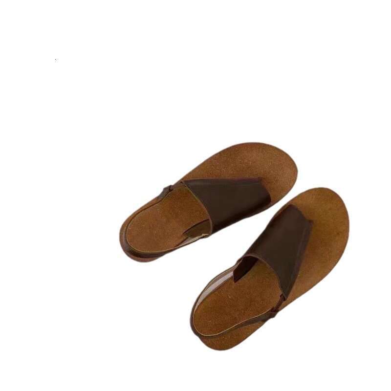 French Style Genuine Leather Simple Flat Roman Women Summer New Beach Casual Toe Post Sandals for Outdoor Wear