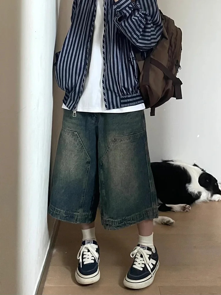 American Retro Denim Jean Summer High Waist Wash Blue Wide Leg Shorts Streetwear Y2K Harajuku Loose Baggy Short Pants 250516Z