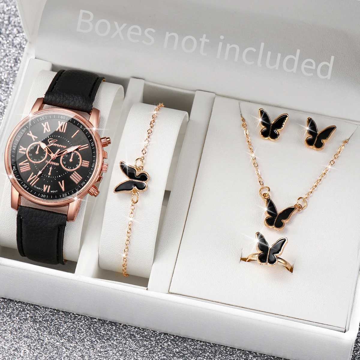 5/6PCS Fashion Womens Quartz Watch Leather Band Analog Wrist Watches Heart Rhinestone Jewelry Set(Without Box) XJ250527