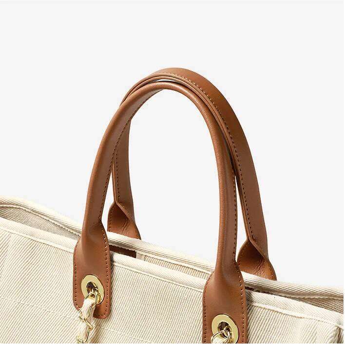 Women Designer Shopper Brand Beaded Pearls Canvas Tote Handbag Large Capacity Shoulder Genuine Leather Handle Beach Bag