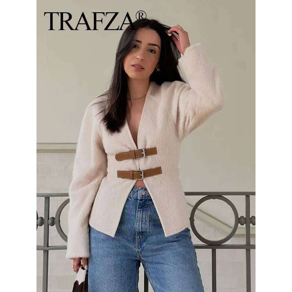 TRAFZA Retro Leather Buckle Woolen Coat Women Fashion Solid V Neck Long Sleeve Beige Jacket Autumn Spring Chic Female Streetwear