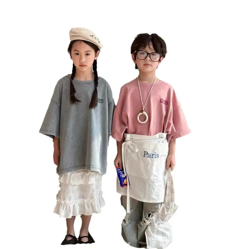 Children Brothers and Sisters Family Matching Outfits Summer Pink Grey Loose Short Sleeve Tshirt Girl Boys Tees H24317 250528