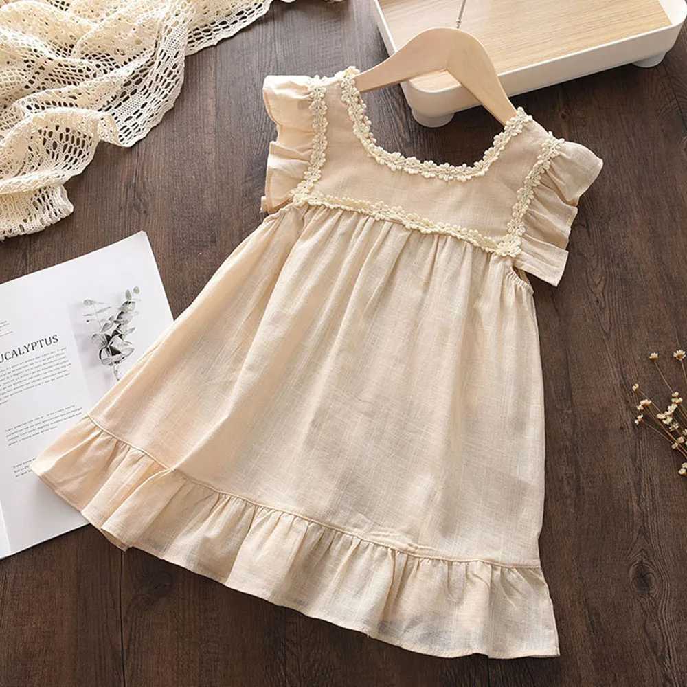 Bear Leader Girls Flower Embroidered Dress Summer Retro Flying Sleeve Princess Dresses Children Casual Clothes Fashion 2-6 Years X250528