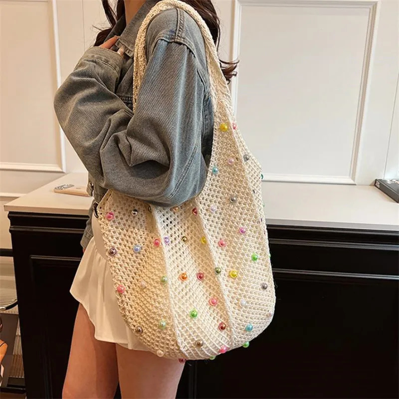 Summer Commuting Woven Bag for Women Single Armpit Bag Fashion Large Capacity Tote Bag Beach Pearl Hollow Handbag Shoulder Bag 250527